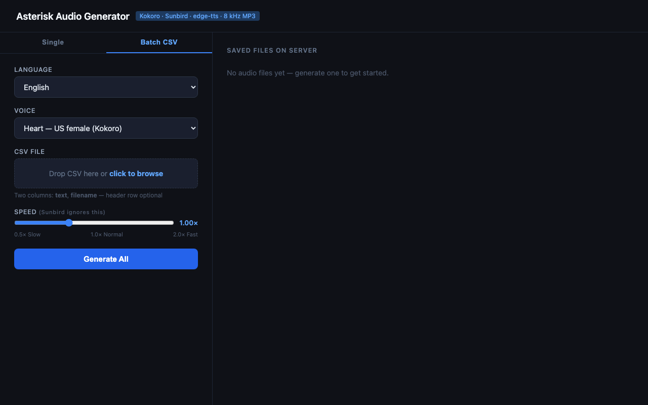 Asterisk Audio Generator — Batch CSV tab