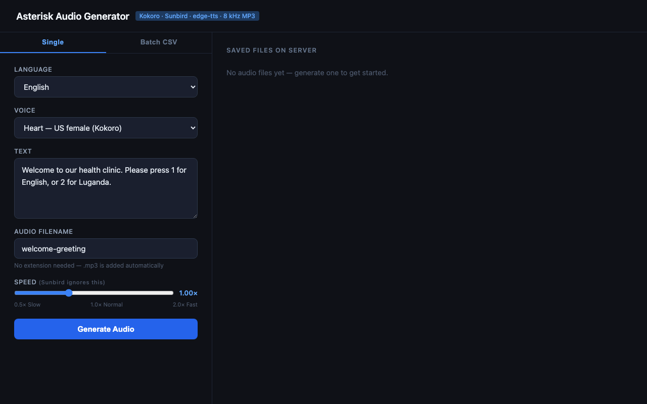 Asterisk Audio Generator — Single tab with IVR prompt filled in